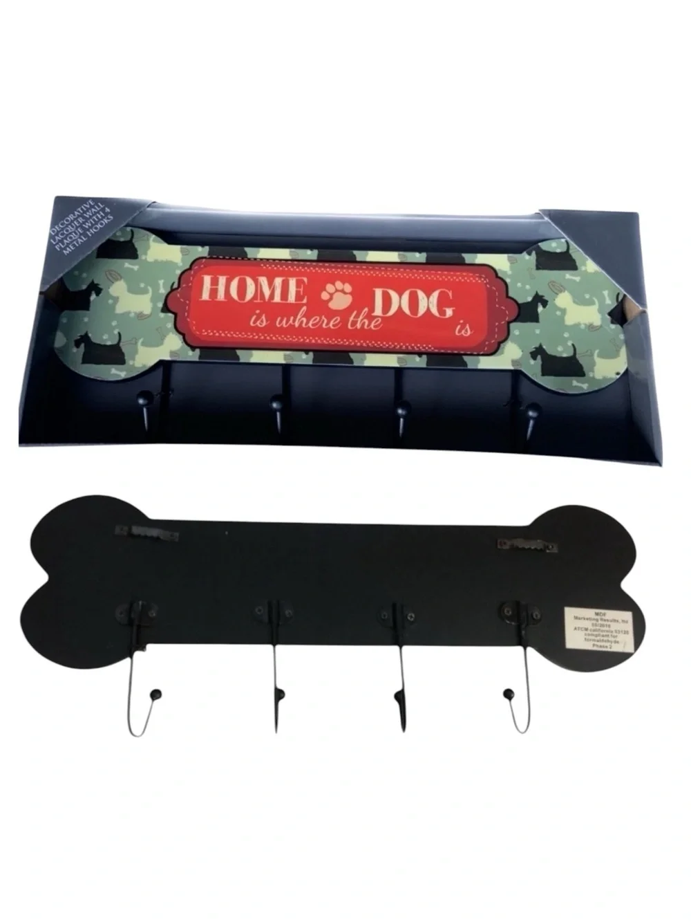 Scottie Dog Bone Shape Wall Hook Plaque Dog Leash Holder Lacquered 4 Metal Hooks